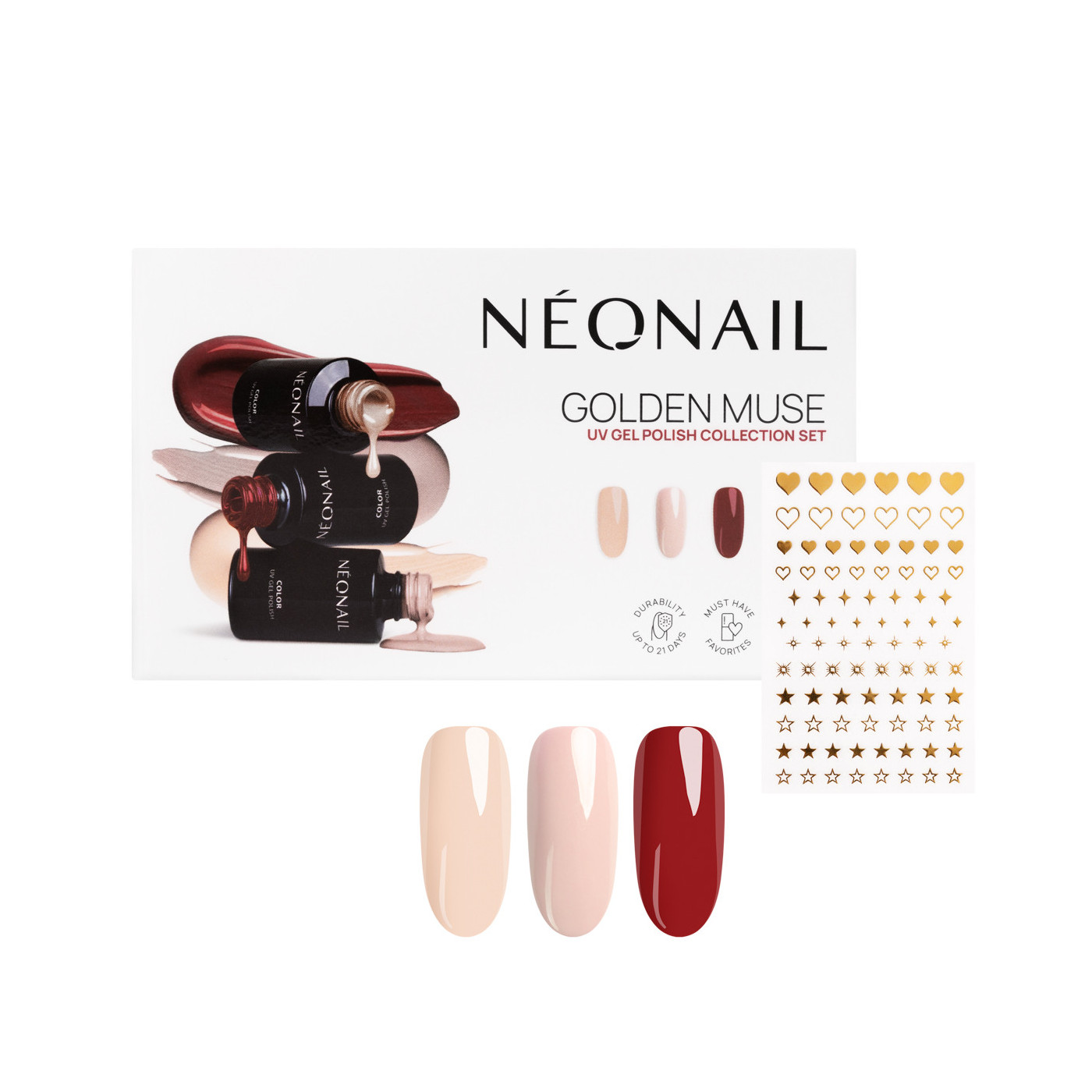 Golden Muse - Set 3 esmaltes semipermanentes & Stickers