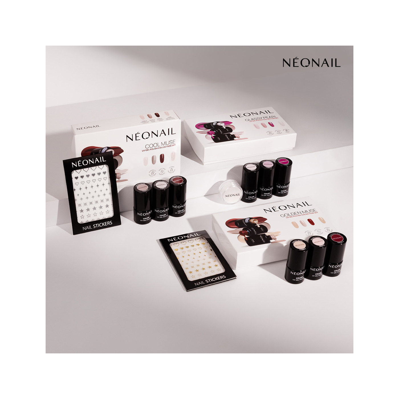 Golden Muse - Set 3 esmaltes semipermanentes & Stickers