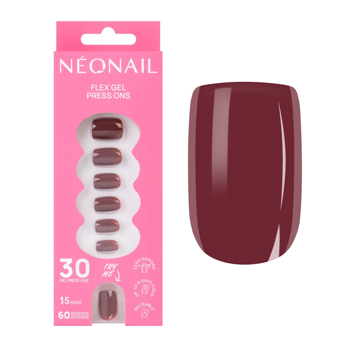 Flex Gel Press Ons 30 ud - Merlot Short Square | NEONAIL Flex Gel Press Ons 30 ud - Merlot Short Square | NEONAIL