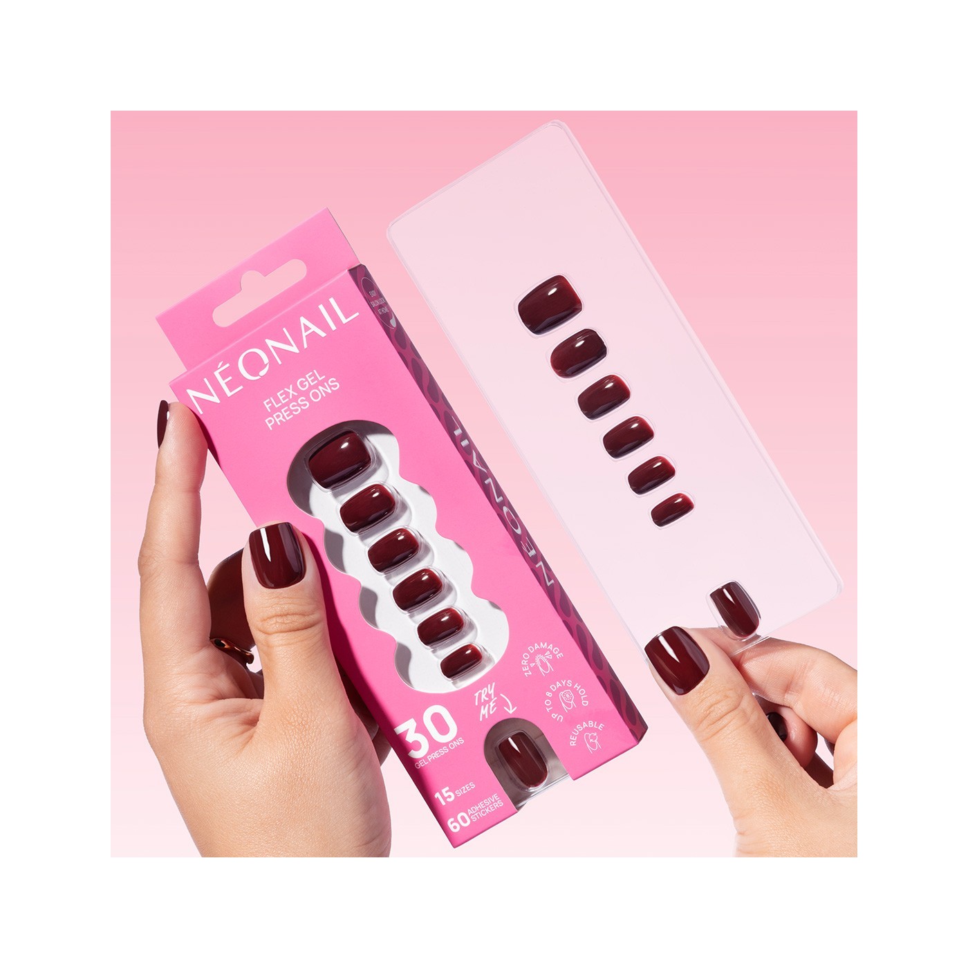 Flex Gel Press Ons 30 ud - Merlot Short Square | NEONAIL Flex Gel Press Ons 30 ud - Merlot Short Square | NEONAIL