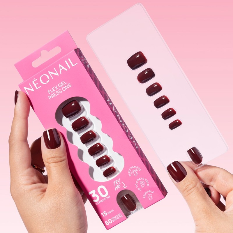 Flex Gel Press Ons 30 ud - Merlot Short Square | NEONAIL Flex Gel Press Ons 30 ud - Merlot Short Square | NEONAIL